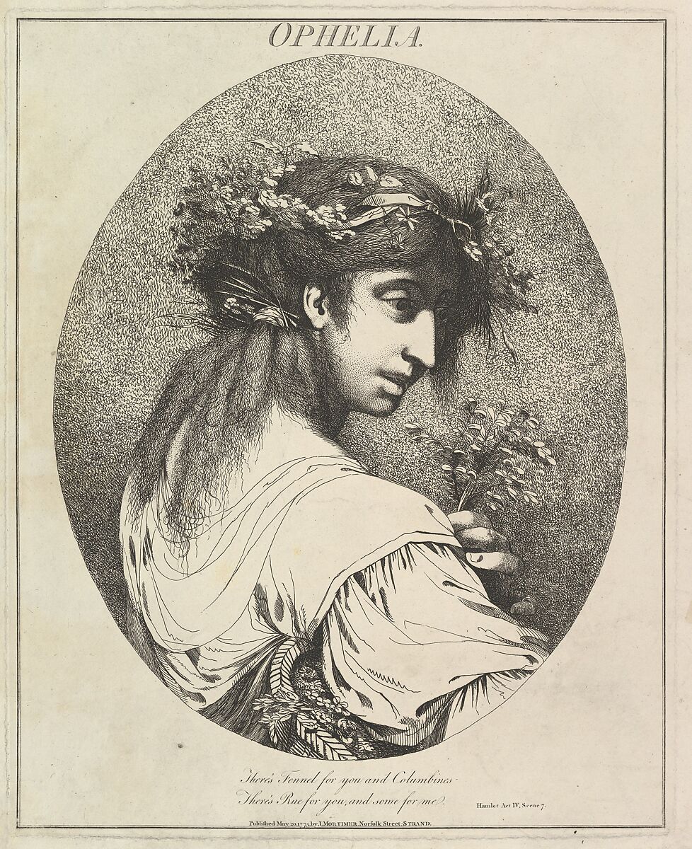 Ophelia, from "Twelve Characters from Shakespeare", Etched and published by John Hamilton Mortimer (British, Eastbourne 1740–1779 London), Etching 