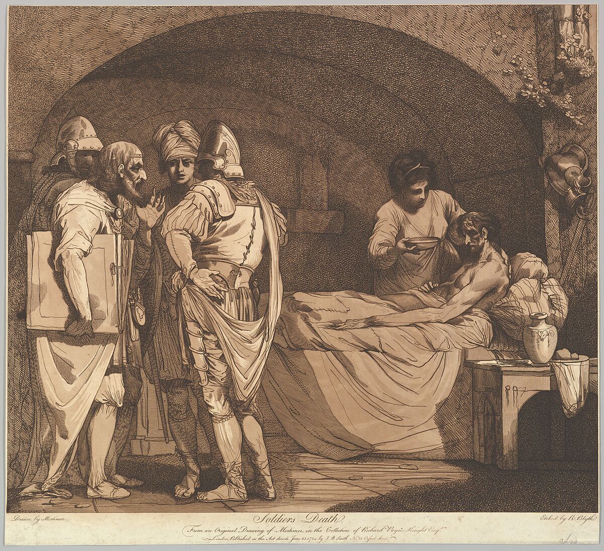 Soldier's Death, from "The Life and Death of a Soldier", Etched and published by Robert Blyth (British, ca. 1750–1784), Etching and aquatint, printed in brown ink 