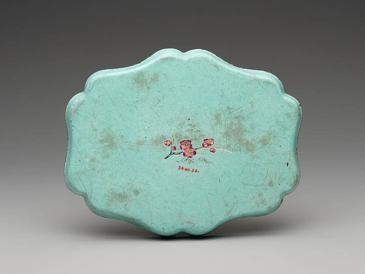 Lobed tray with rock, flowers, and butterflies, Painted enamel on copper alloy, China