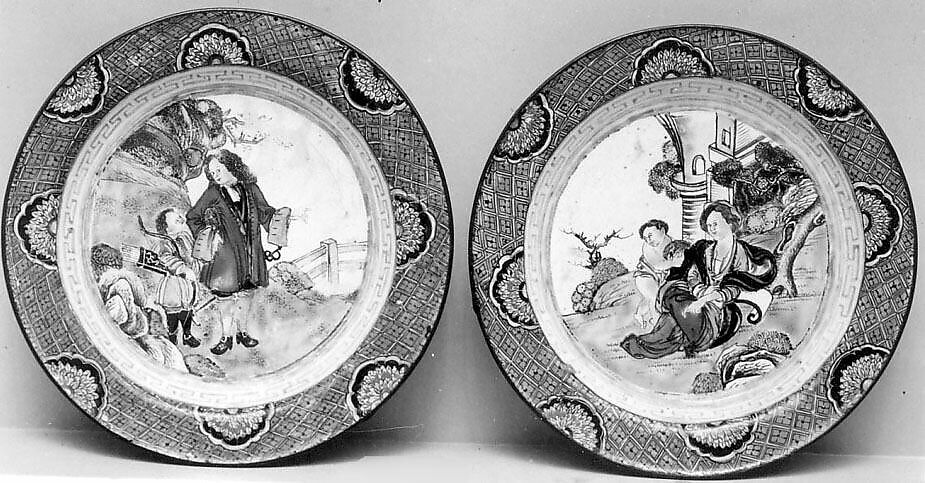Dish with European Man and Child, Painted enamel on copper, China 