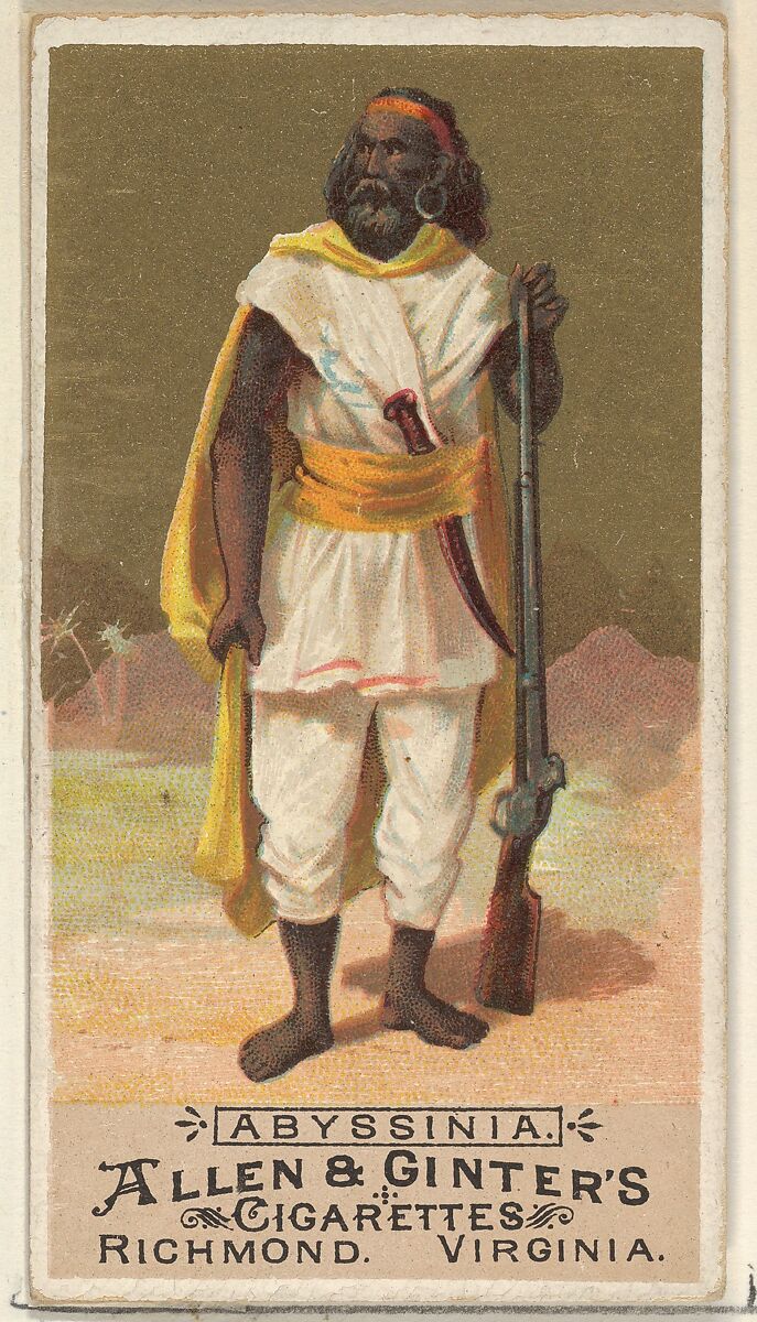 Abyssinia, from the Natives in Costume series (N16) for Allen & Ginter Cigarettes Brands, Allen &amp; Ginter (American, Richmond, Virginia), Commercial color lithograph 