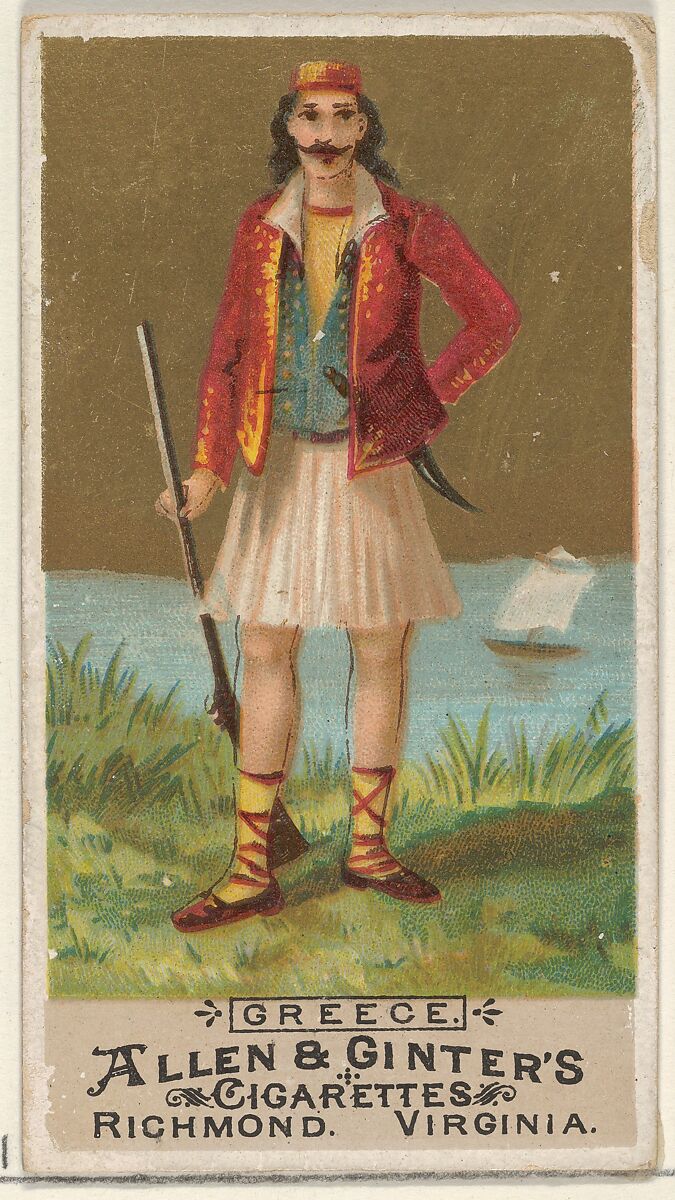 Greece, from the Natives in Costume series (N16) for Allen & Ginter Cigarettes Brands, Allen &amp; Ginter (American, Richmond, Virginia), Commercial color lithograph 