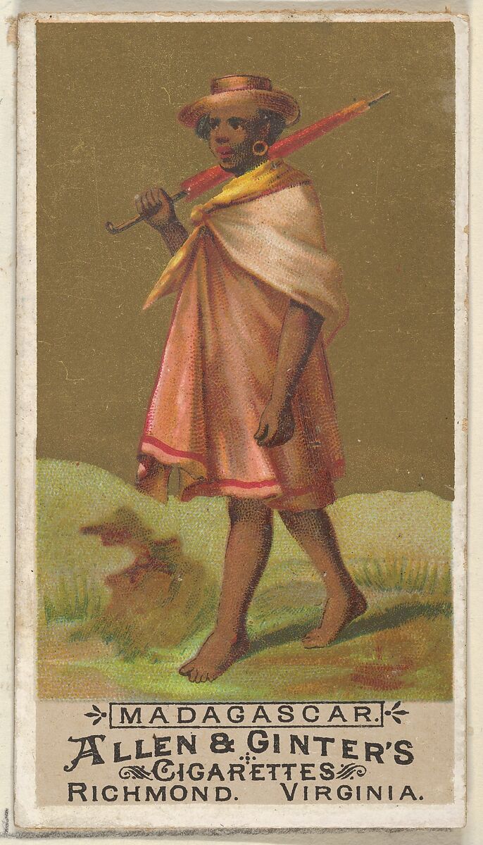 Madagascar, from the Natives in Costume series (N16) for Allen & Ginter Cigarettes Brands, Allen &amp; Ginter (American, Richmond, Virginia), Commercial color lithograph 