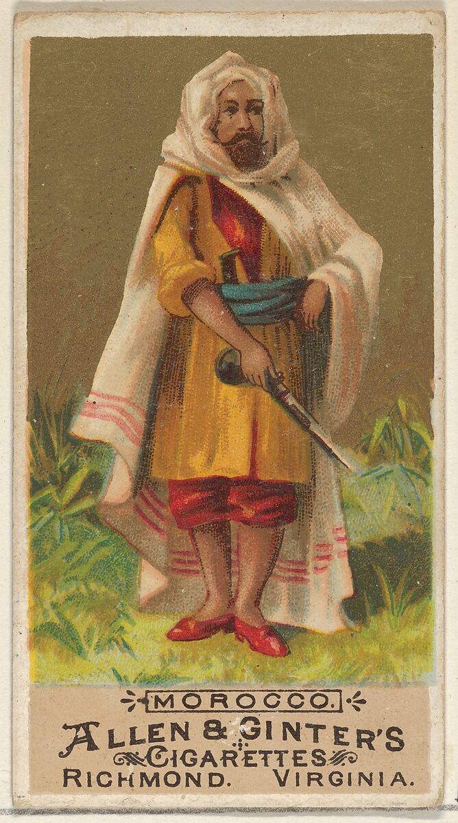 Morocco, from the Natives in Costume series (N16) for Allen & Ginter Cigarettes Brands, Allen &amp; Ginter (American, Richmond, Virginia), Commercial color lithograph 