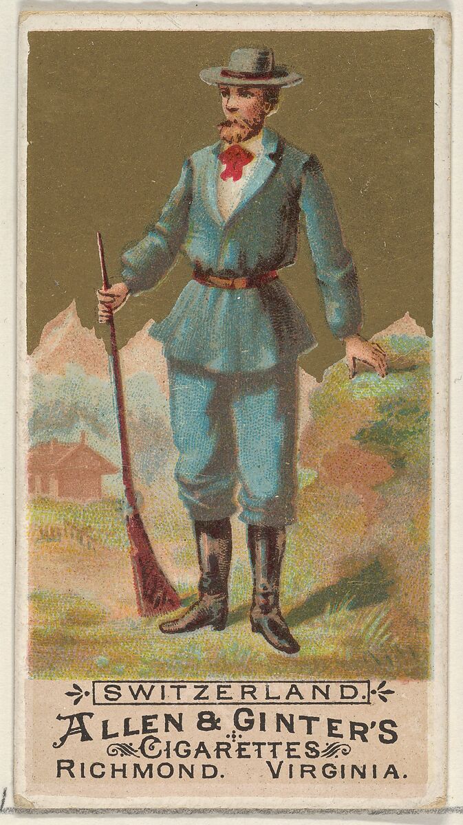 Switzerland, from the Natives in Costume series (N16) for Allen & Ginter Cigarettes Brands, Allen &amp; Ginter (American, Richmond, Virginia), Commercial color lithograph 