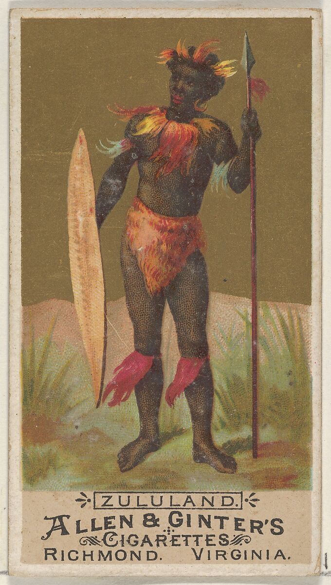 Zululand, from the Natives in Costume series (N16) for Allen & Ginter Cigarettes Brands, Allen &amp; Ginter (American, Richmond, Virginia), Commercial color lithograph 