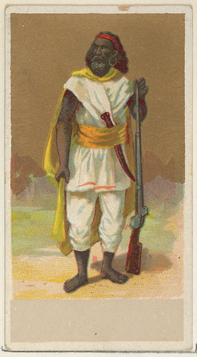 Abyssinia, from the Natives in Costume series (N16), Teofani Issue, for Allen & Ginter Cigarettes Brands, Plates used from original issue by Allen &amp; Ginter (American, Richmond, Virginia), Commercial color lithograph 