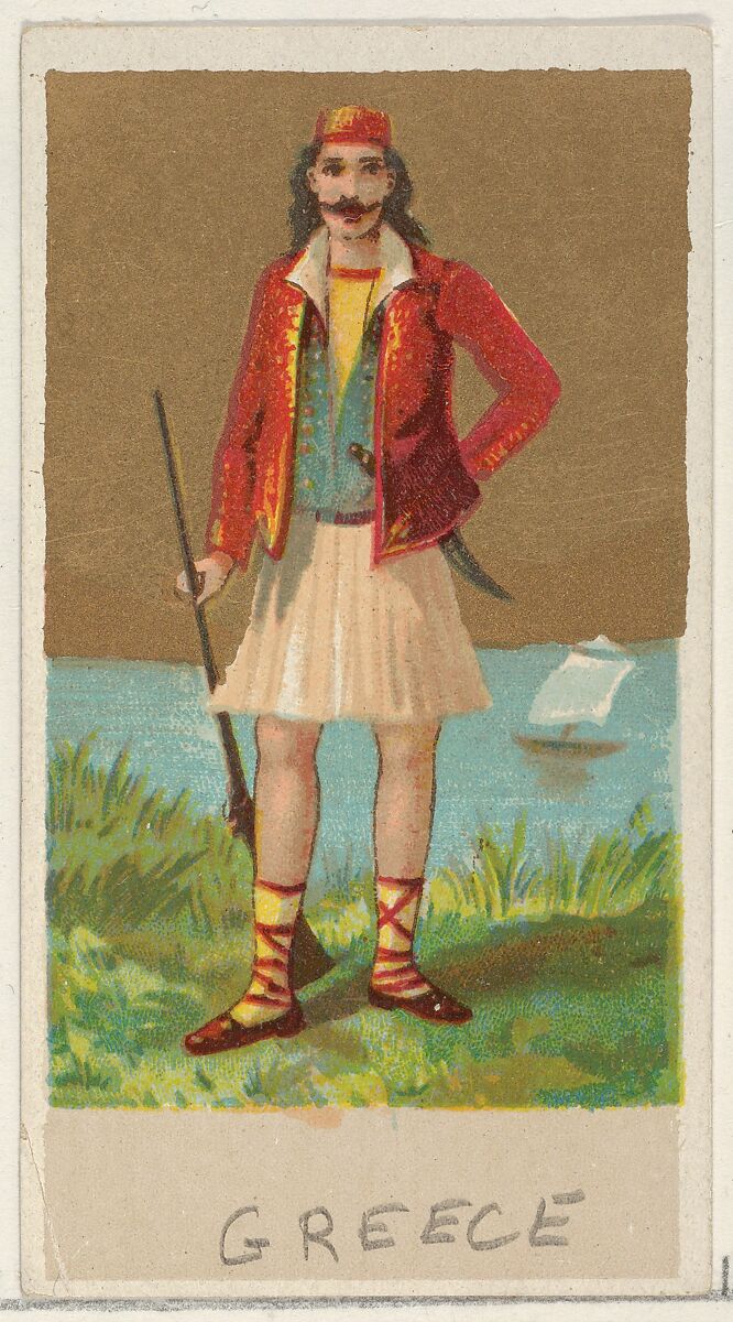 Greece, from the Natives in Costume series (N16), Teofani Issue, for Allen & Ginter Cigarettes Brands, Plates used from original issue by Allen &amp; Ginter (American, Richmond, Virginia), Commercial color lithograph 