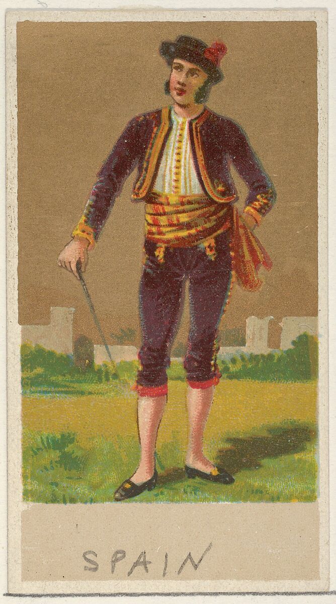 Spain, from the Natives in Costume series (N16), Teofani Issue, for Allen & Ginter Cigarettes Brands, Plates used from original issue by Allen &amp; Ginter (American, Richmond, Virginia), Commercial color lithograph 