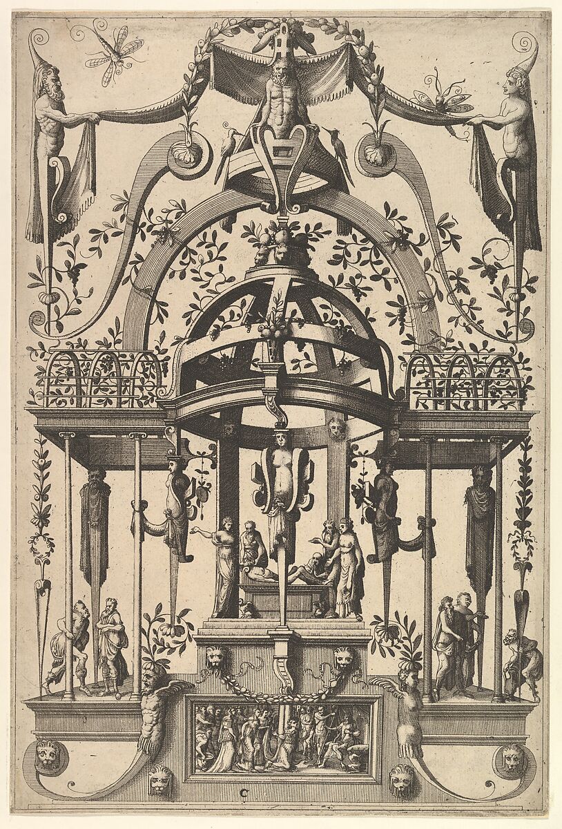 Surface Decoration, Grotesque with Strapwork, Burial Scene in the Tempietto, in the Bas Relief Esther before Ahasuerus from Veelderleij Veranderinghe van grotissen ende Compertimenten...Libro Primo, After Cornelis Floris II (Netherlandish, Antwerp before 1514–1575 Antwerp), Etching 