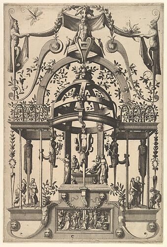 Surface Decoration, Grotesque with Strapwork, Burial Scene in the Tempietto, in the Bas Relief Esther before Ahasuerus from Veelderleij Veranderinghe van grotissen ende Compertimenten...Libro Primo