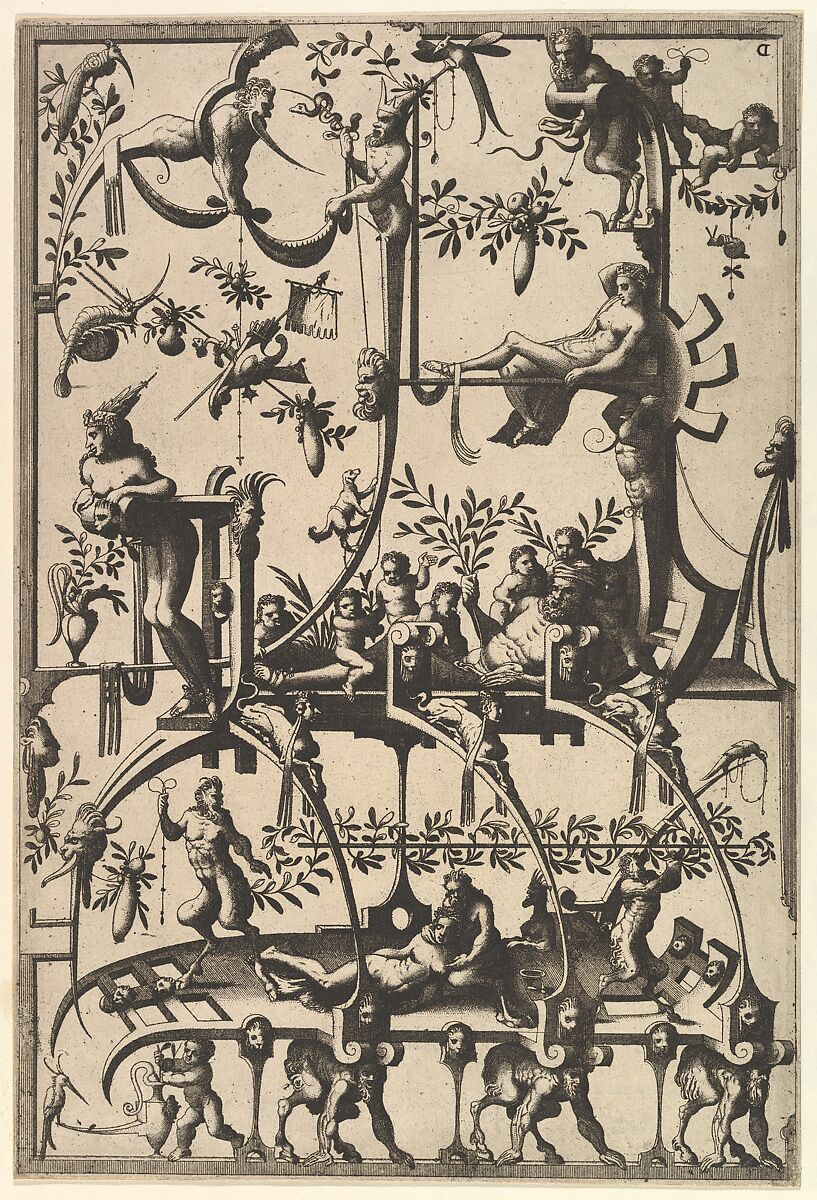 Surface Decoration, Grotesque with Strapwork, Borne by Satyrs from Veelderleij Veranderinghe van grotissen ende Compertimenten...Libro Primo, Johannes van Doetecum I (Netherlandish, 1528/32–1605), Etching 