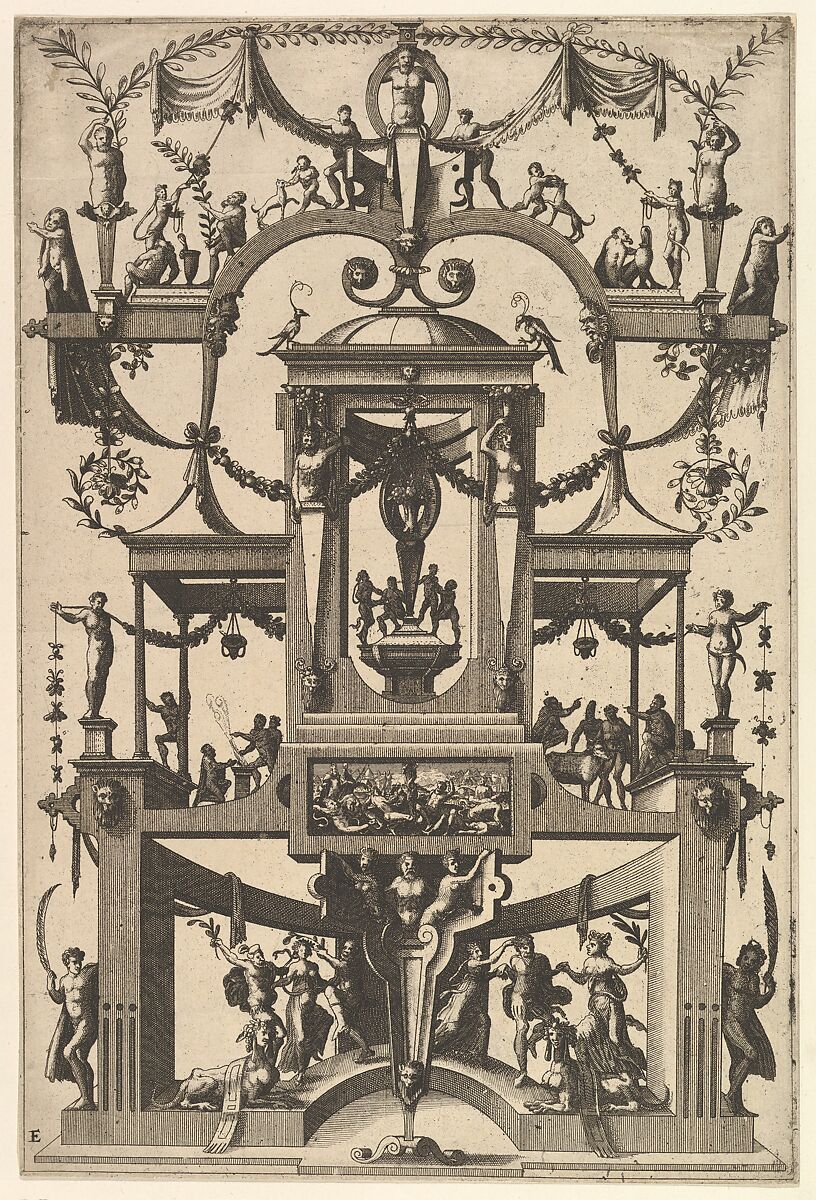 Surface Decoration, Grotesque with Strapwork, Aedicula at Center, on Either Side Recessed Balconies, in Frame at Lower Center Moses and the Brazen Serpent from Veelderleij Veranderinghe van grotissen ende Compertimenten...Libro Primo, After Cornelis Floris II (Netherlandish, Antwerp before 1514–1575 Antwerp), Etching 