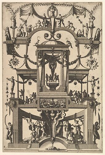 Surface Decoration, Grotesque with Strapwork, Aedicula at Center, on Either Side Recessed Balconies, in Frame at Lower Center Moses and the Brazen Serpent from Veelderleij Veranderinghe van grotissen ende Compertimenten...Libro Primo