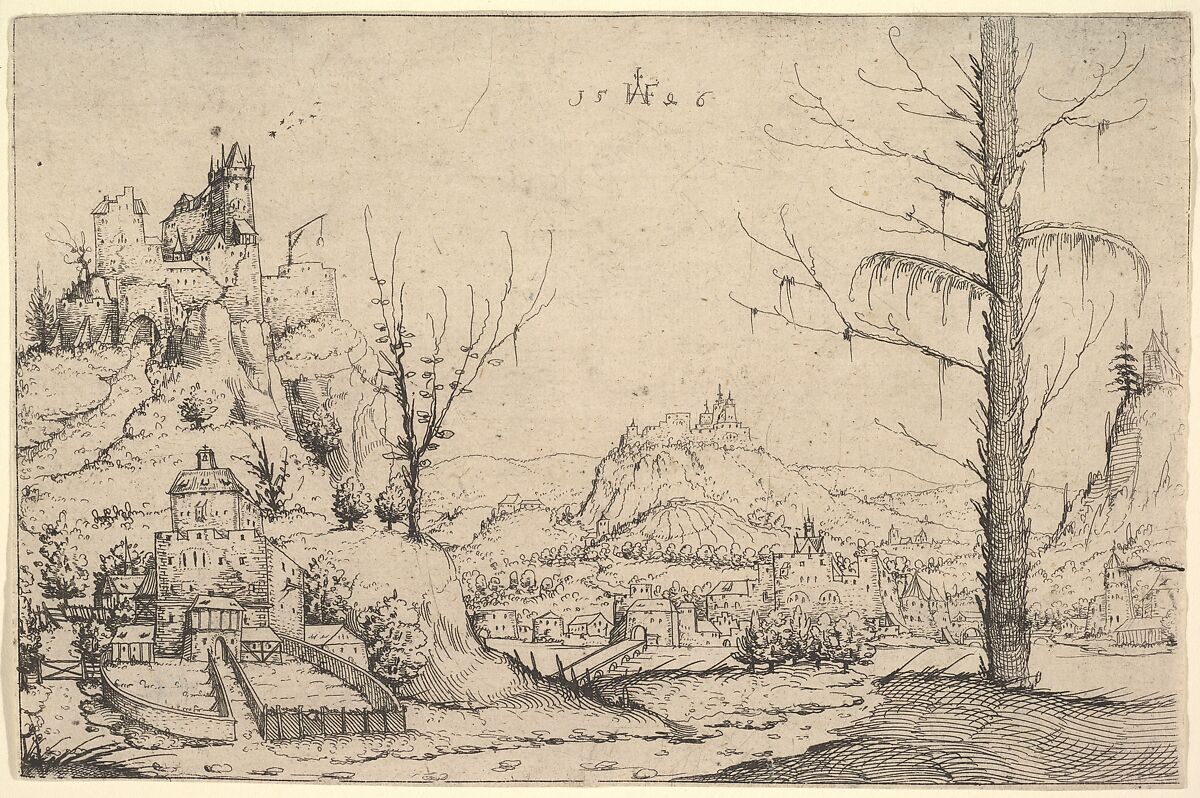 Landscape with a High Rock and a Castle at Left, Augustin Hirschvogel (German, Nuremberg 1503–1553 Vienna), Etching 
