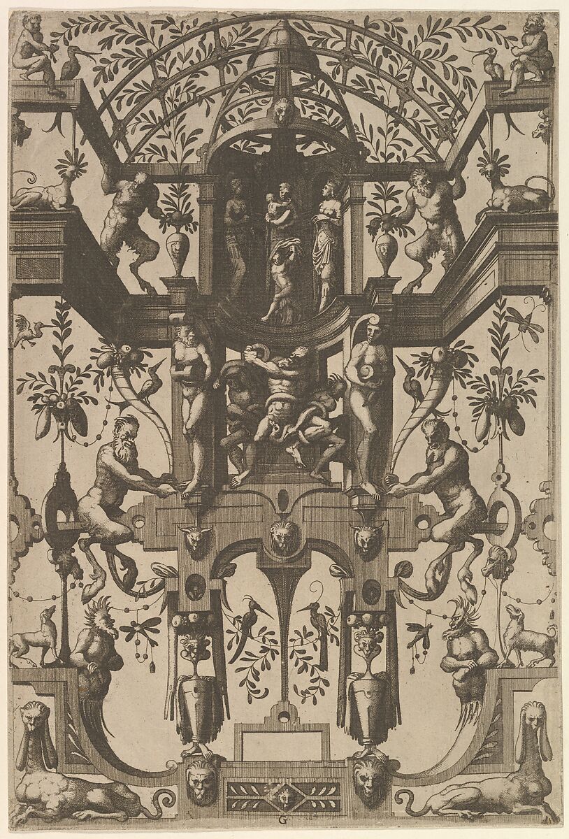 Surface Decoration, Grotesque with Strapwork, including Double Wall Niche, at the Top the Christian Virtues Faith, Hope and Charity, at the Center the Laocoon from Veelderleij Veranderinghe van grotissen ende Compertimenten...Libro Primo, Johannes van Doetecum I (Netherlandish, 1528/32–1605), Etching 