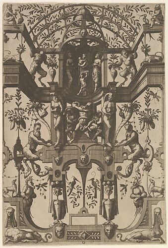 Surface Decoration, Grotesque with Strapwork, including Double Wall Niche, at the Top the Christian Virtues Faith, Hope and Charity, at the Center the Laocoon from Veelderleij Veranderinghe van grotissen ende Compertimenten...Libro Primo