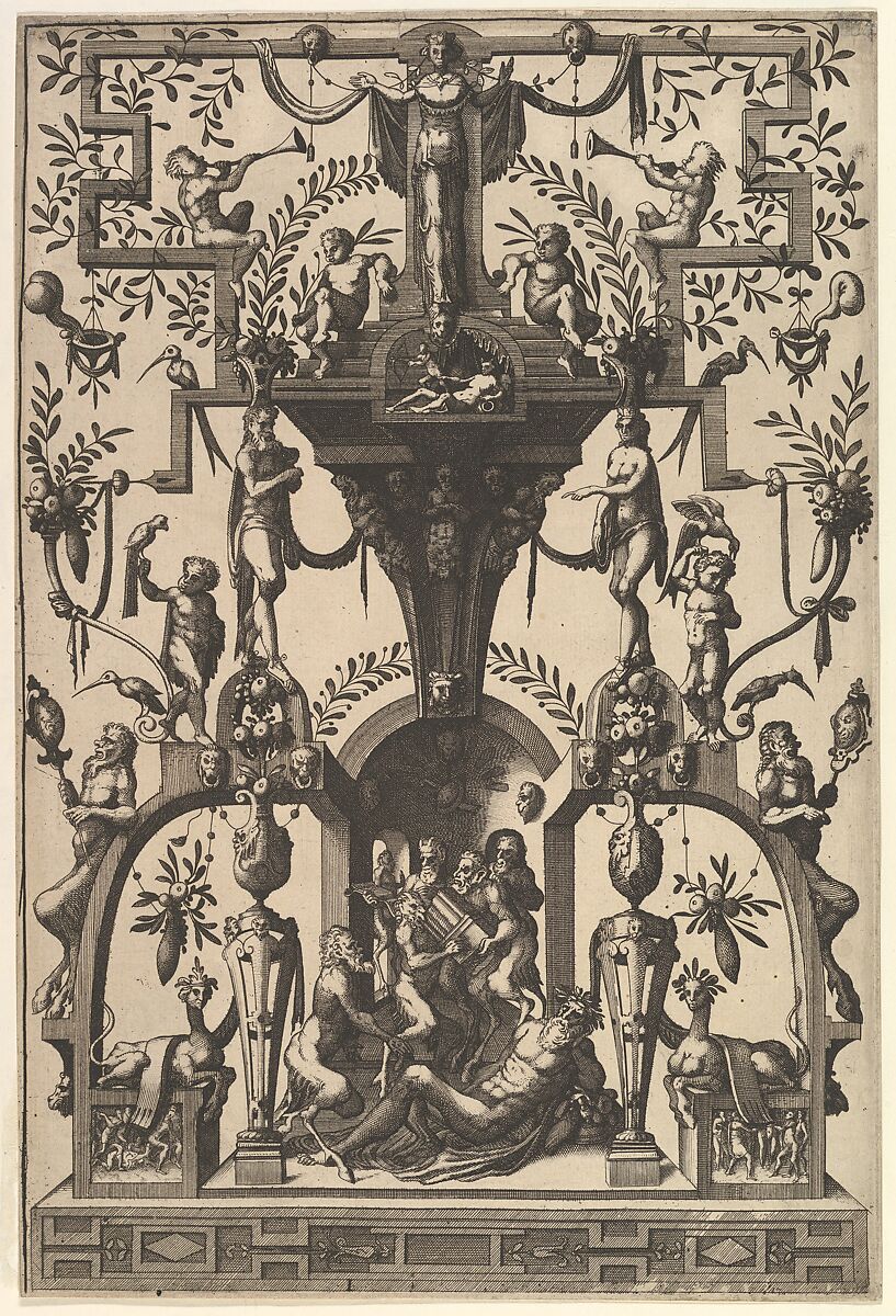 Surface Decoration, Grotesque with Strapwork, Including a Wall Niche under a Strapwork Canopy, Bacchic Scene below from Veelderleij Veranderinghe van grotissen ende Compertimenten...Libro Primo, Johannes van Doetecum I (Netherlandish, 1528/32–1605), Etching 