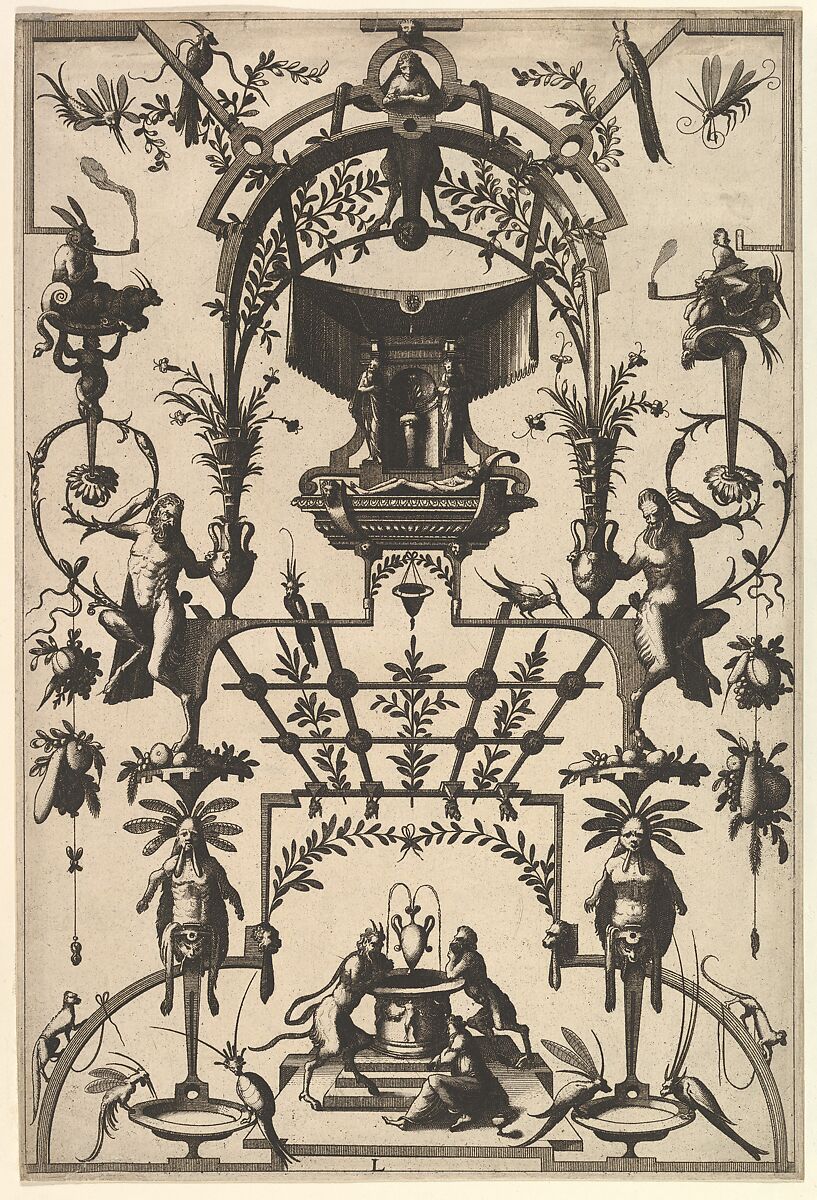 Surface Decoration, Grotesque with Strapwork and Pergolas, Burial Scene above center from Veelderleij Veranderinghe van grotissen ende Compertimenten...Libro Primo, Johannes van Doetecum I (Netherlandish, 1528/32–1605), Etching 