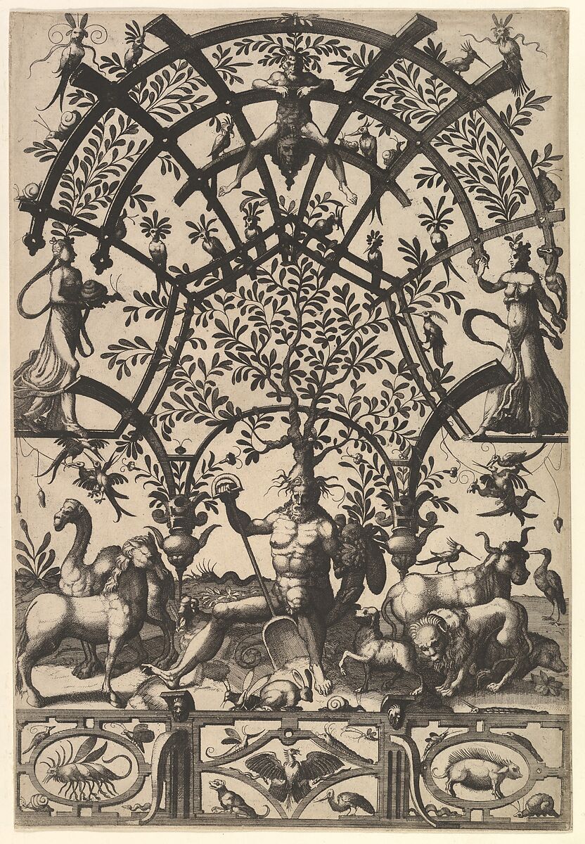 Personification of Earth, with Spade and Horn, Supporting a Tree and Lattice on His Head, A Frieze underneath from Veelderleij niewe inventien van antijckesche sepultueren diemen nou zeere ghebruijkende is met noch zeer fraeije grotissen en compertimenten zeer beqwame voer beeltsniders antijcksniders schilders en all constenaers...Libro Secundo, Johannes van Doetecum I  Netherlandish, Etching and engraving