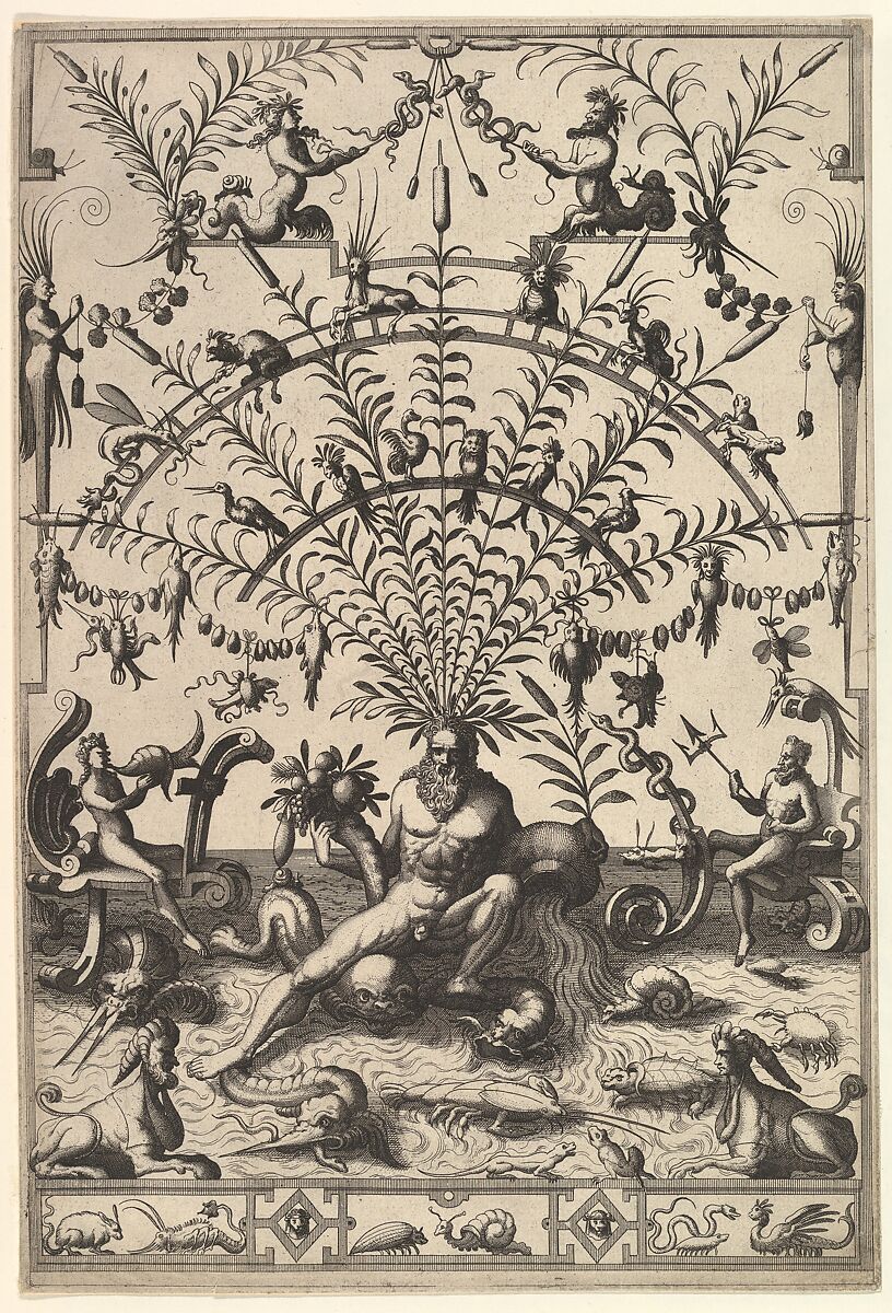 Modern Grotesque Decoration with a River God, Johannes van Doetecum I (Netherlandish, 1528/32–1605), Etching 