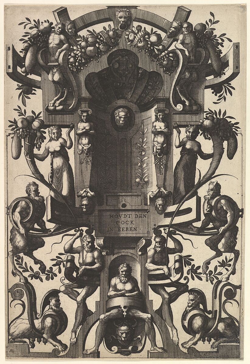 Niche in the Form of a Cartouche from the series Veelderleij niewe inuentien van antijcksche sepultueren, diemen nou zeere ghebruijkende is met noch zeer fraeije grotissen en[de] Compertimenten zeer beqwame voer beeltsniders antijcksniders schilders en[de] all Constenaers...Libro Secundo, Johannes van Doetecum I (Netherlandish, 1528/32–1605), Etching and engraving 