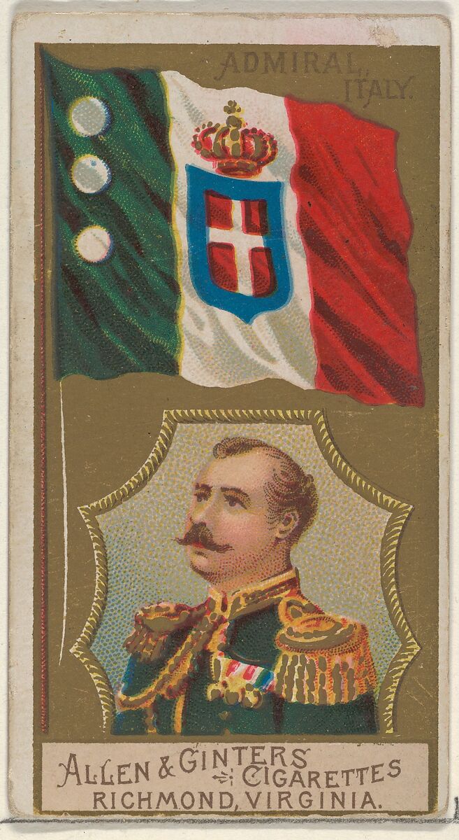 Admiral, Italy, from the Naval Flags series (N17) for Allen & Ginter Cigarettes Brands, Allen &amp; Ginter (American, Richmond, Virginia), Commercial color lithograph 