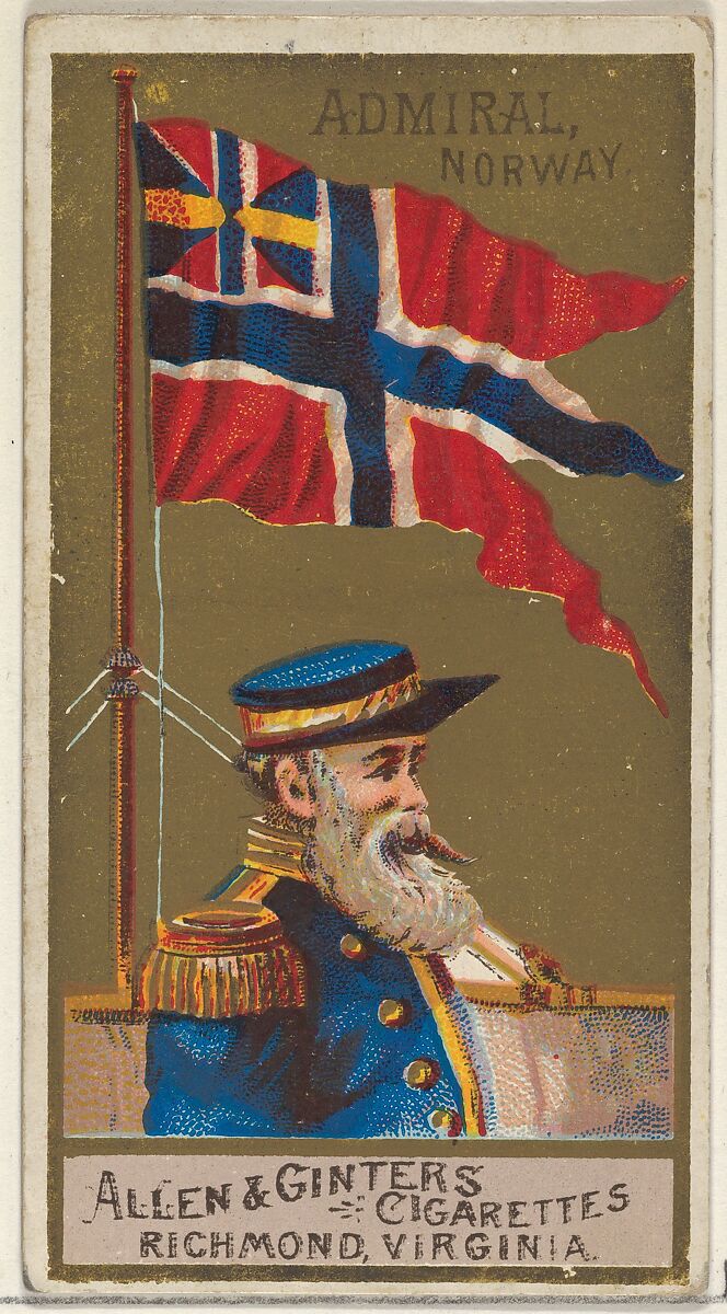 Admiral, Norway, from the Naval Flags series (N17) for Allen & Ginter Cigarettes Brands, Allen &amp; Ginter (American, Richmond, Virginia), Commercial color lithograph 