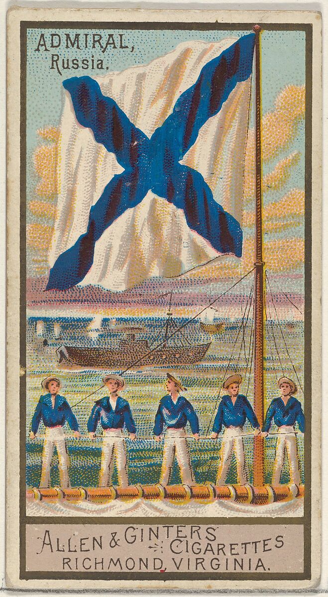 Admiral, Russia, from the Naval Flags series (N17) for Allen & Ginter Cigarettes Brands, Allen &amp; Ginter (American, Richmond, Virginia), Commercial color lithograph 