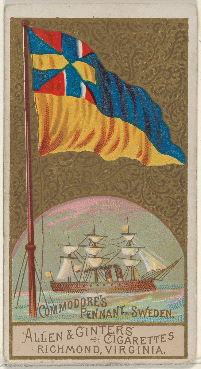 Commodore's Pennant, Sweden, from the Naval Flags series (N17) for Allen & Ginter Cigarettes Brands, Allen &amp; Ginter (American, Richmond, Virginia), Commercial color lithograph 