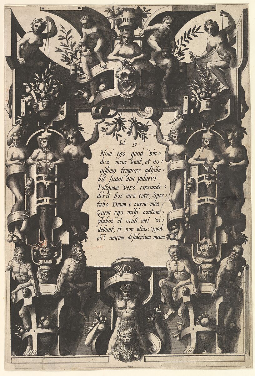 Cartouche from Veelderleij niewe inventien van antijckesche sepultueren diemen nou zeere ghebruijkende is met noch zeer fraeije grotissen en compertimenten zeer beqwame voer beeltsniders antijcksniders schilders en all constenaers...Libro Secundo, Johannes van Doetecum I (Netherlandish, 1528/32–1605), Etching 