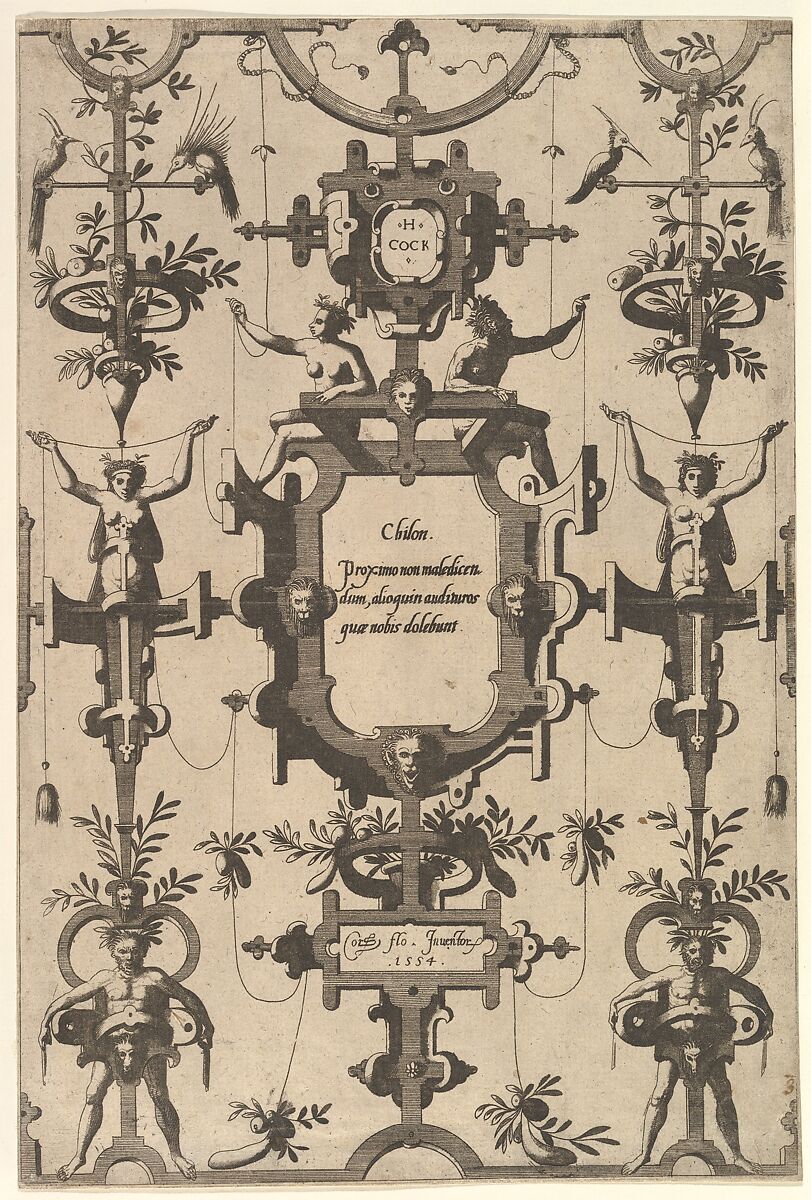 Surface Decoration, Grotesque with Strapwork, Including Three Cartouches from series of Surface Decorations, Grotesques with Strapwork with Maxims by Six Wise Men of Greece, Johannes van Doetecum I (Netherlandish, 1528/32–1605), Etching 