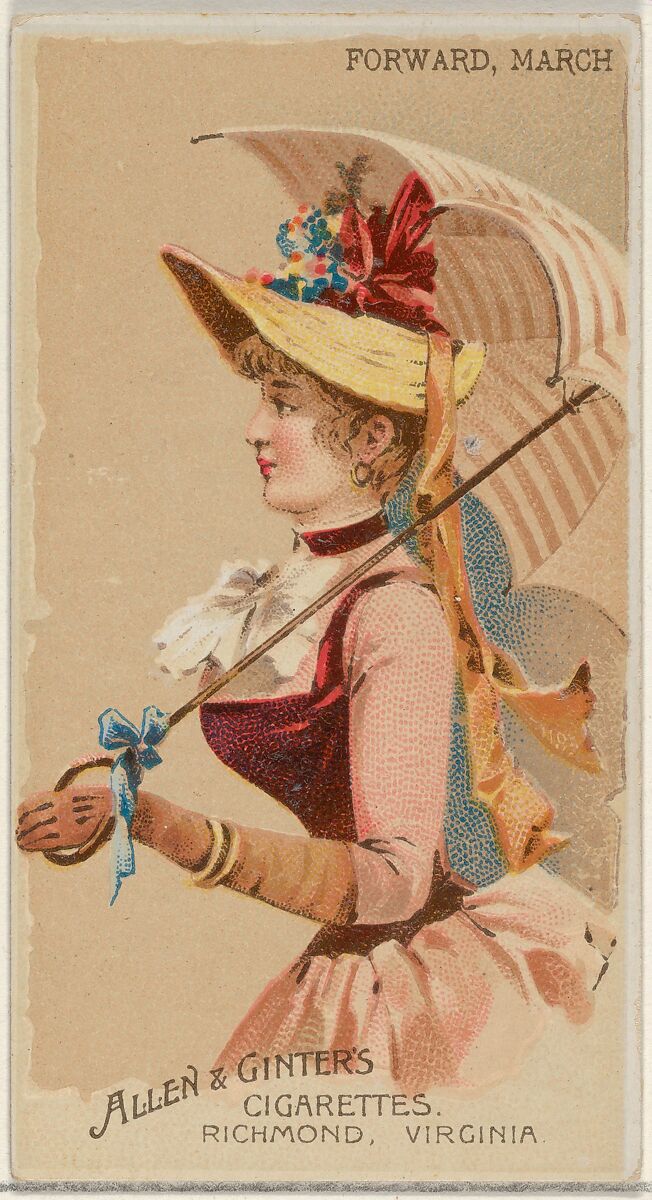 Forward, March, from the Parasol Drills series (N18) for Allen & Ginter Cigarettes Brands, Allen &amp; Ginter (American, Richmond, Virginia), Commercial color lithograph 
