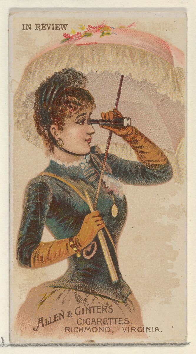 In Review, from the Parasol Drills series (N18) for Allen & Ginter Cigarettes Brands, Allen &amp; Ginter (American, Richmond, Virginia), Commercial color lithograph 