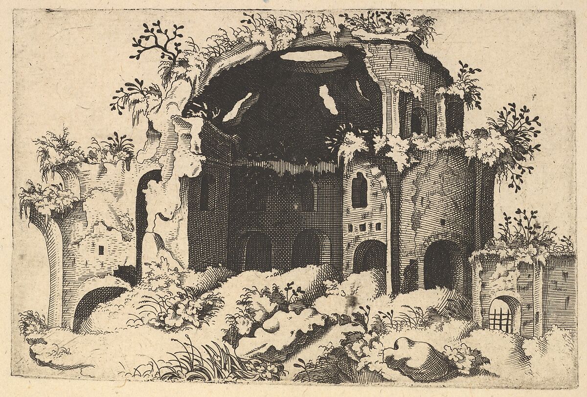 Horizontal Landscape with the remains of the Nymphaeum, mistakenly identified as the Temple of Minerva Medica in Rome, from the series 'Ruinarum variarum fabricarum delineationes pictoribus caeterisque id genus artificibus multum utiles', Lambert Suavius (Netherlandish, ca. 1510–by 1576), Etching 