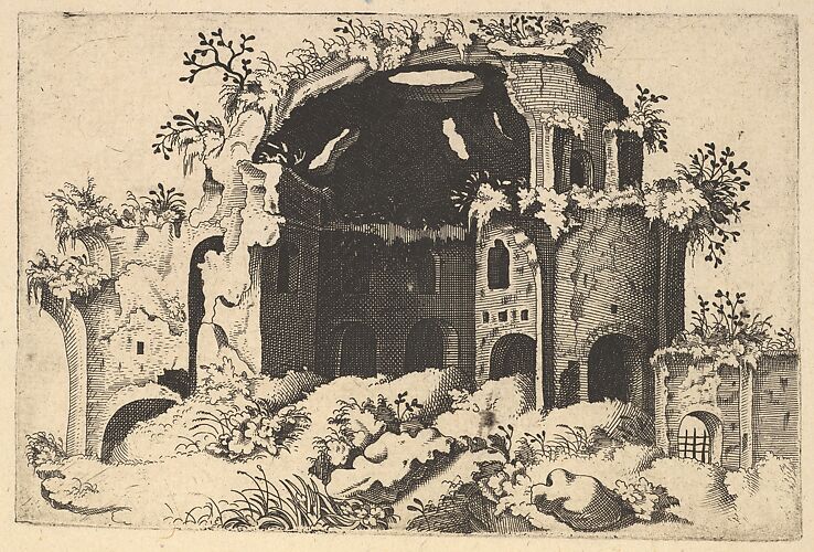 Horizontal Landscape with the remains of the Nymphaeum, mistakenly identified as the Temple of Minerva Medica in Rome, from the series 'Ruinarum variarum fabricarum delineationes pictoribus caeterisque id genus artificibus multum utiles'