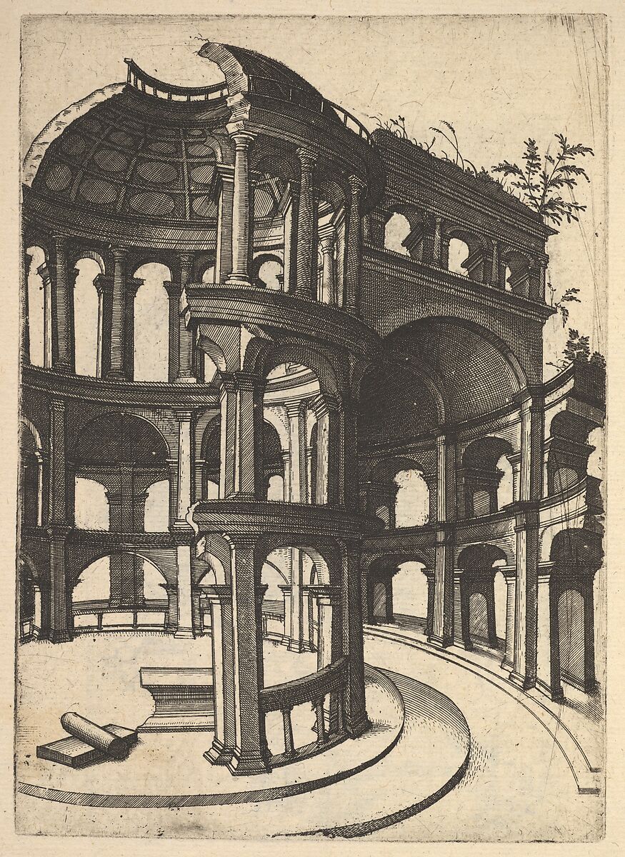 Ruin of a round Temple [Templum Idor Egito], from the series 'Ruinarum variarum fabricarum delineationes pictoribus caeterisque id genus artificibus multum utiles', Lambert Suavius (Netherlandish, ca. 1510–by 1576), Etching 