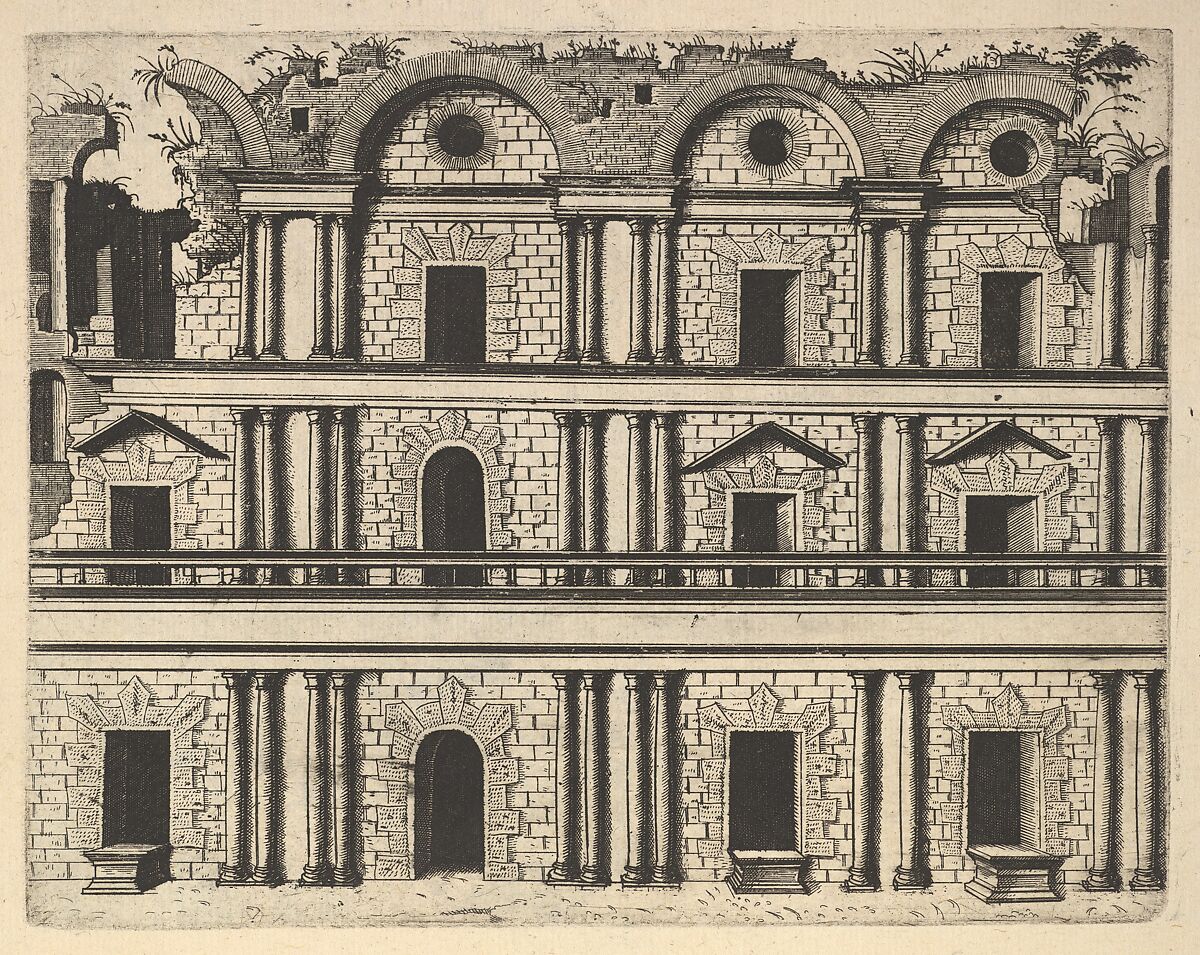 Ruin of a Palace Facade [Palatium M. Agrippa] from the series 'Ruinarum variarum fabricarum delineationes pictoribus caeterisque id genus artificibus multum utiles', Lambert Suavius (Netherlandish, ca. 1510–by 1576), Etching 