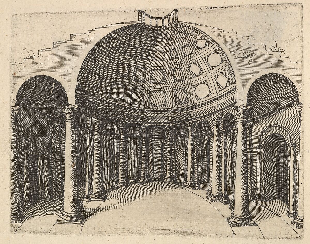 Cross-Section of Round Temple [Pinaculu Termar], from the series 'Ruinarum variarum fabricarum delineationes pictoribus caeterisque id genus artificibus multum utiles', Lambert Suavius (Netherlandish, ca. 1510–by 1576), Etching 