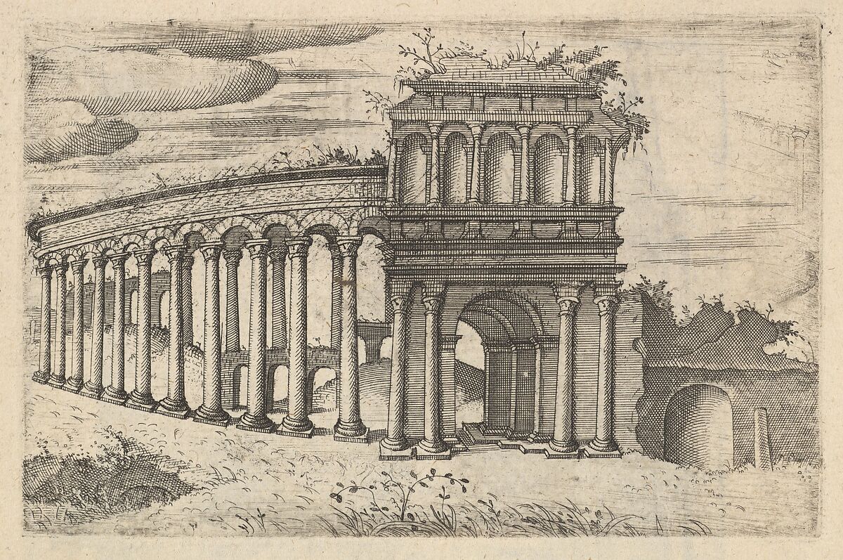 The Amphitheater in Bordeaux [Teatrum Bordeos; Transitorium Caesaris], from the series 'Ruinarum variarum fabricarum delineationes pictoribus caeterisque id genus artificibus multum utiles', Lambert Suavius (Netherlandish, ca. 1510–by 1576), Etching 