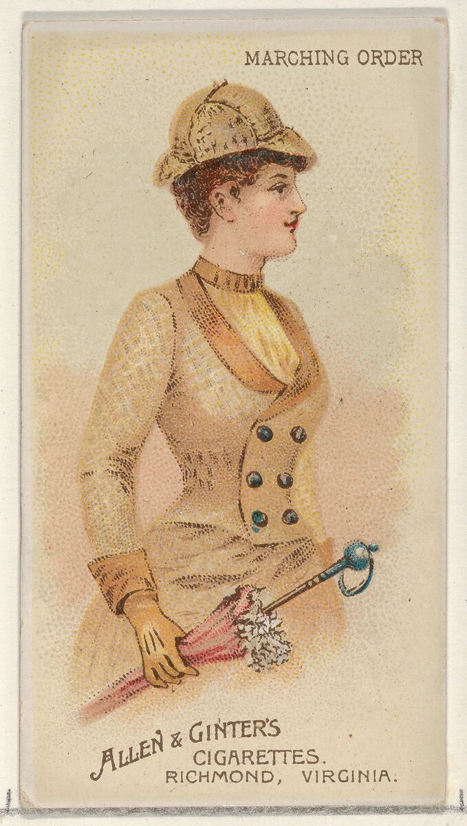 Marching Order, from the Parasol Drills series (N18) for Allen & Ginter Cigarettes Brands, Allen &amp; Ginter (American, Richmond, Virginia), Commercial color lithograph 