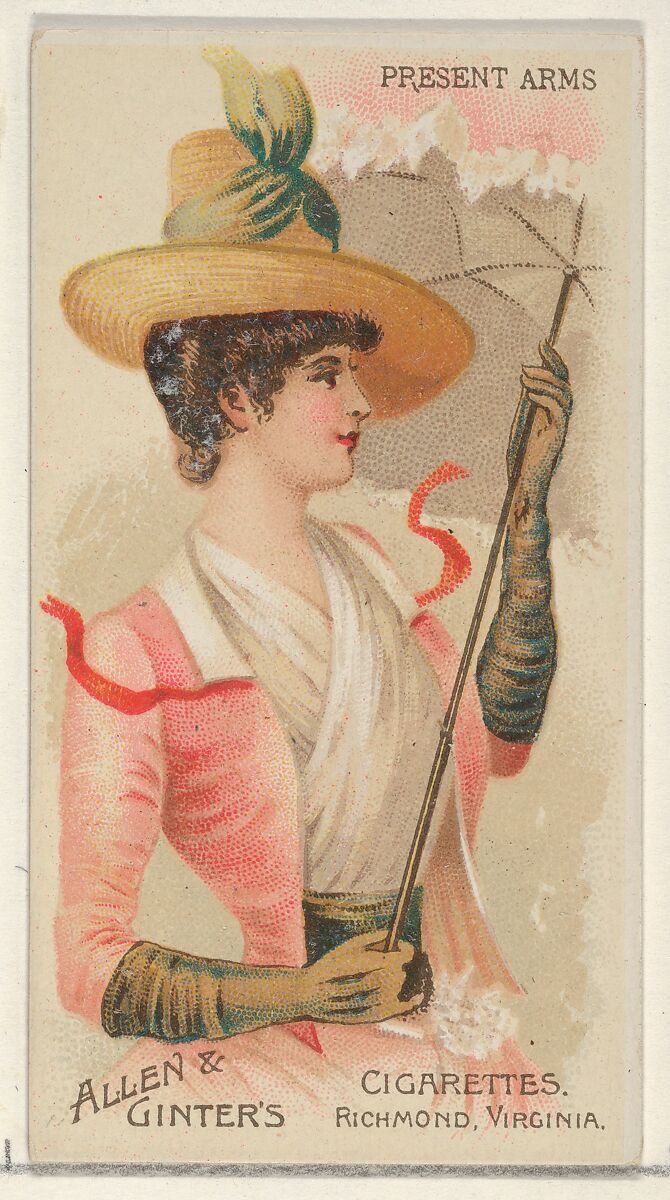 Present Arms, from the Parasol Drills series (N18) for Allen & Ginter Cigarettes Brands, Allen &amp; Ginter (American, Richmond, Virginia), Commercial color lithograph 