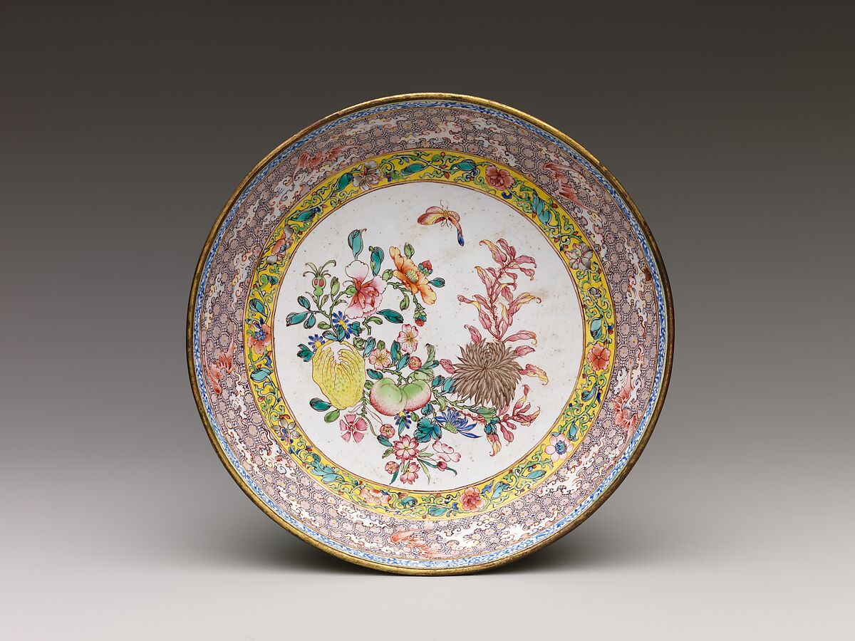 Dish with flowers, fruits, and butterfly, Painted enamel on copper alloy, China 