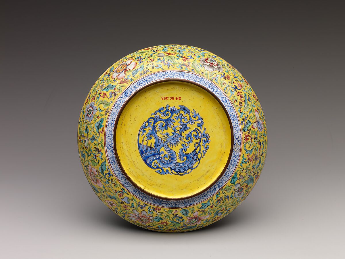 Dish with flowers, fruits, and butterfly, Painted enamel on copper alloy, China