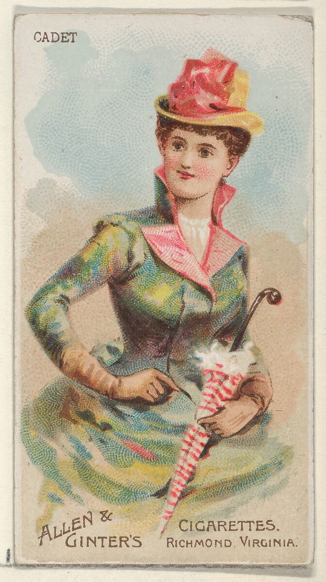 Cadet, from the Parasol Drills series (N18) for Allen & Ginter Cigarettes Brands, Allen &amp; Ginter (American, Richmond, Virginia), Commercial color lithograph 