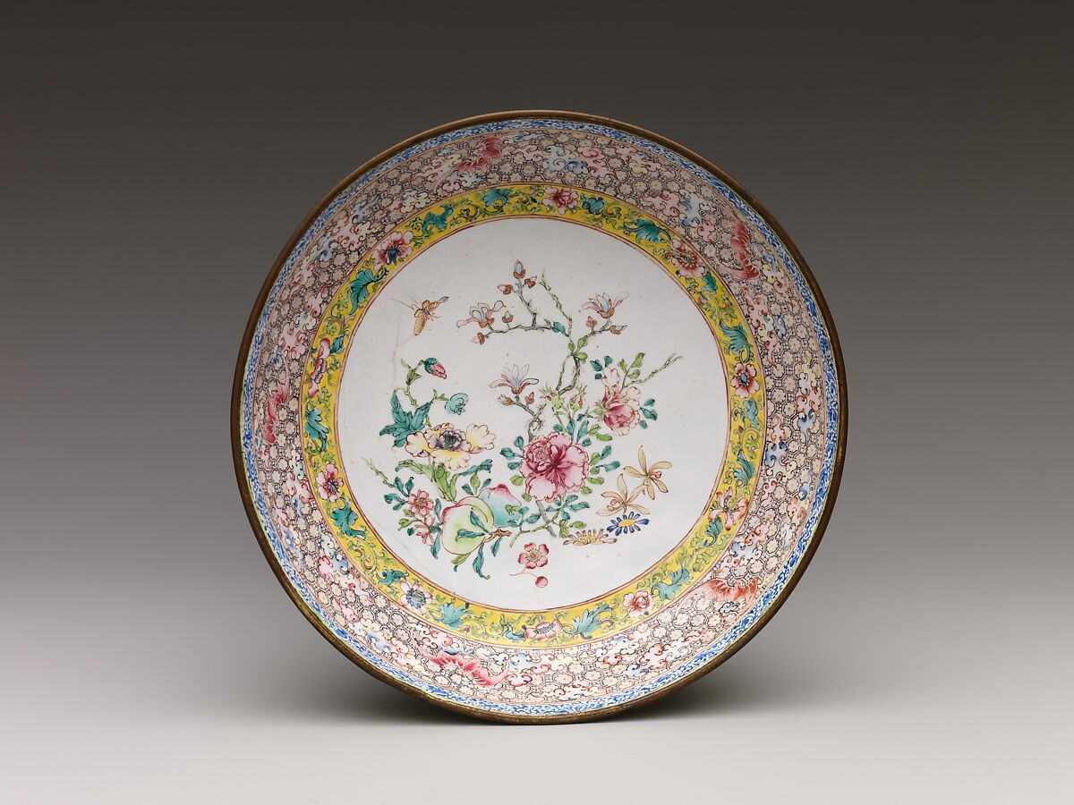 Dish with Flowers and Butterfly, Painted enamel on copper, China 