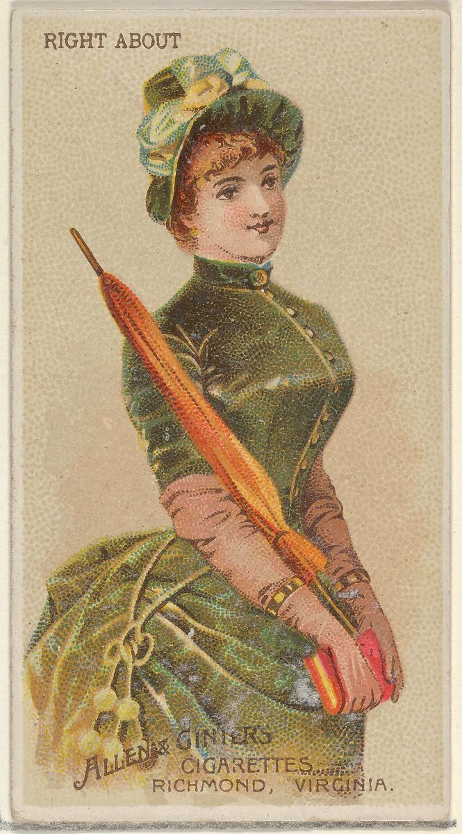 Right About, from the Parasol Drills series (N18) for Allen & Ginter Cigarettes Brands, Allen &amp; Ginter (American, Richmond, Virginia), Commercial color lithograph 