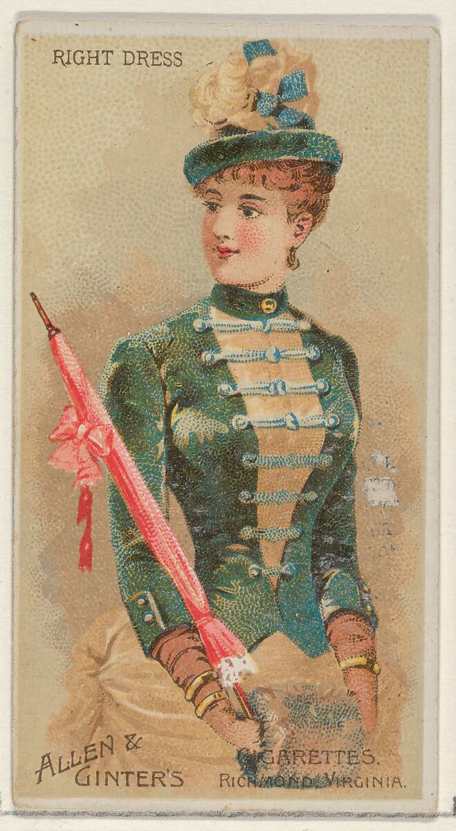 Right Dress, from the Parasol Drills series (N18) for Allen & Ginter Cigarettes Brands, Allen &amp; Ginter (American, Richmond, Virginia), Commercial color lithograph 