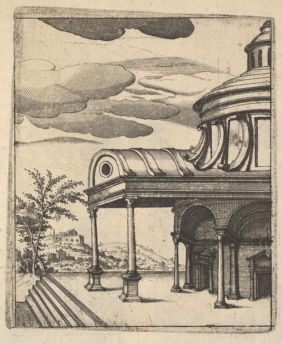 Partial view of a Building [Tem Ro Penatibus Dicatu] from the series 'Ruinarum variarum fabricarum delineationes pictoribus caeterisque id genus artificibus multum utiles', Lambert Suavius (Netherlandish, ca. 1510–by 1576), Etching 