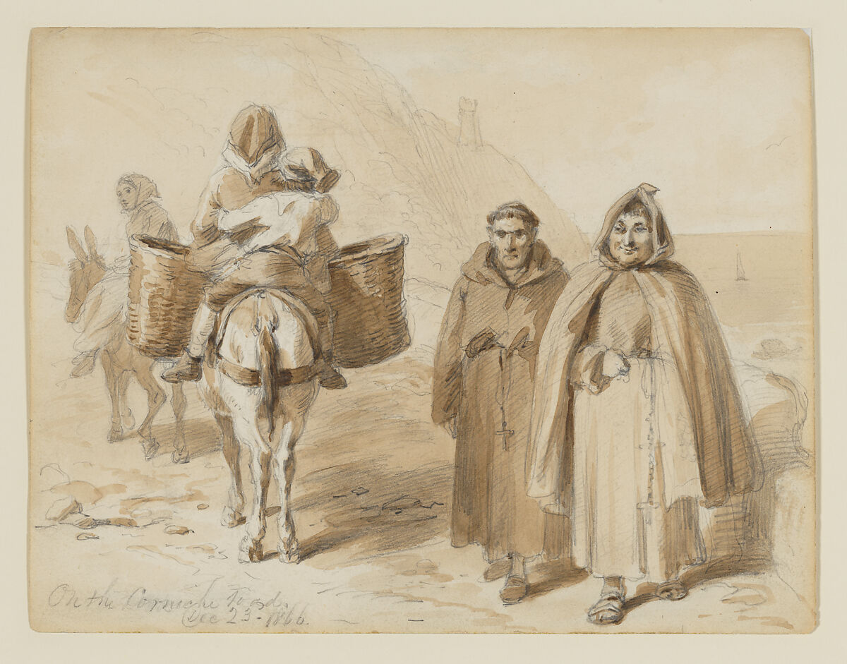 "On the Corniche Road," an early idea for "Sketches Abroad with Pen and Pencil", Felix Octavius Carr Darley (American, Philadelphia, Pennsylvania 1822–1888 Claymont, Delaware), Brown ink wash over graphite 